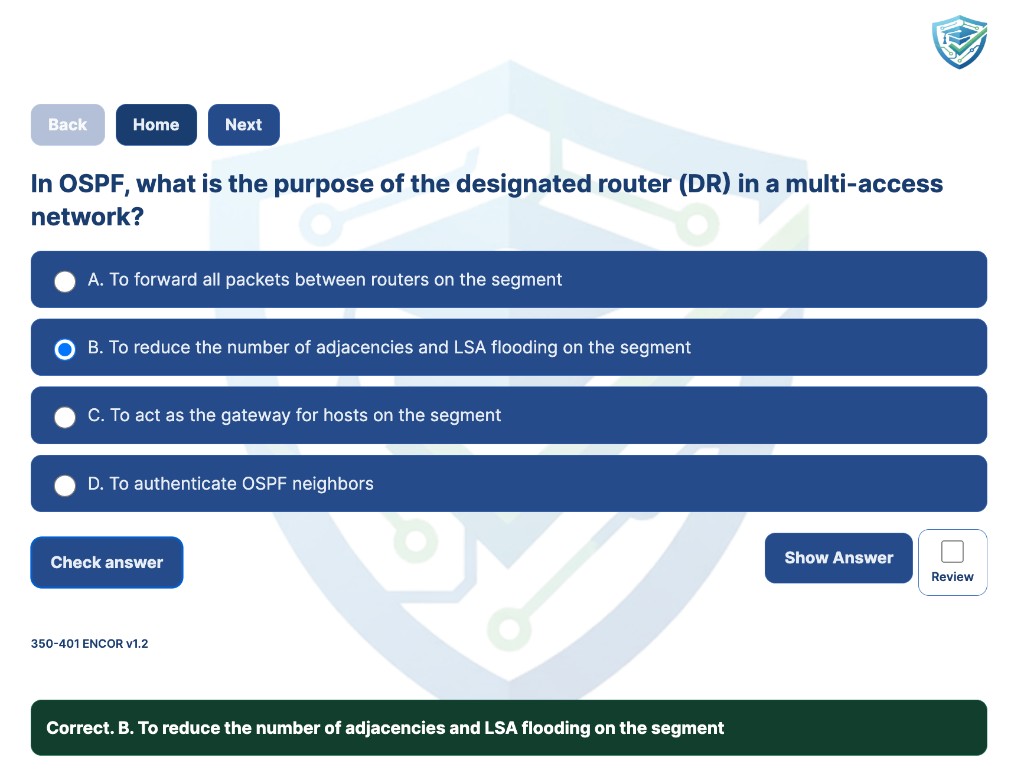 ENCOR sample question with Check answer, Show Answer, and instant correct-or-incorrect feedback.