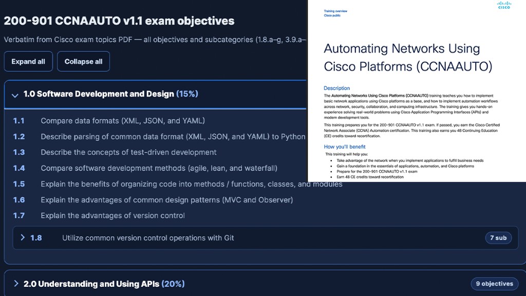 CCNAAUTO v1.1 objectives shown beside the Cisco Automating Networks Using Cisco Platforms training overview.